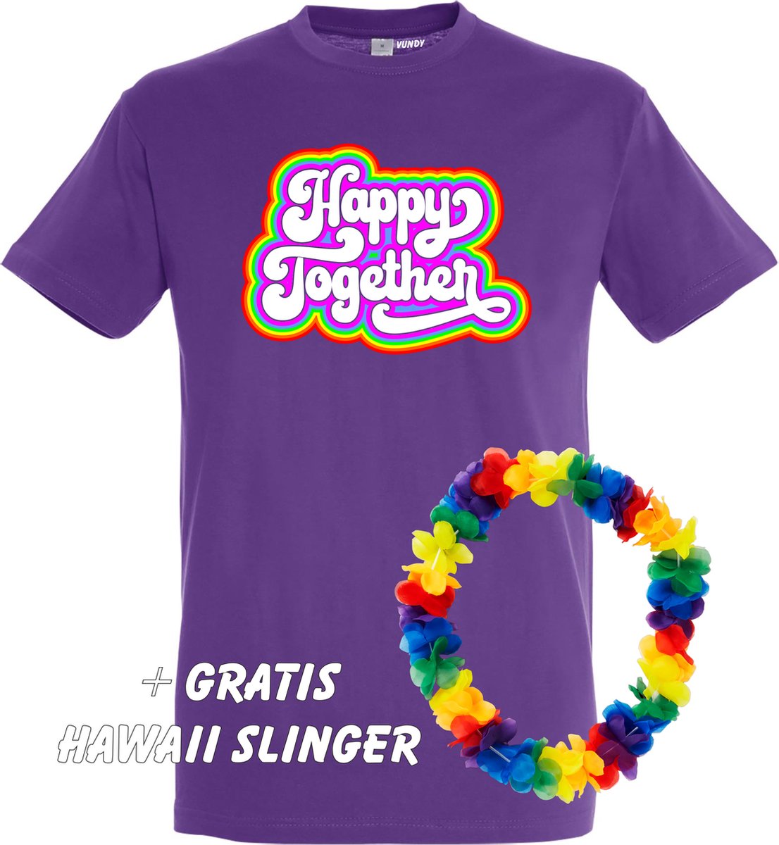 T-shirt Happy Together Regenboog | Toppers in Concert 2022 | Toppers kleding shirt | Flower Power | Hippie Jaren 60 | Paars | maat L